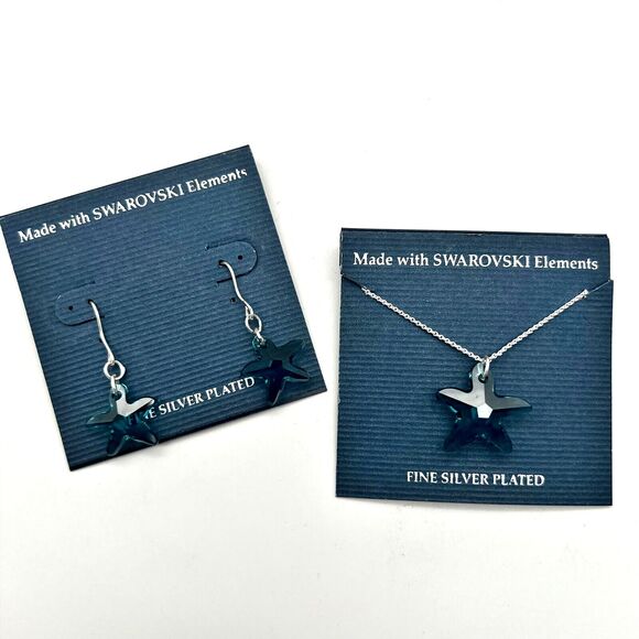 Swarovski Elements Blue Starfish Pendant Silver Plated Hook Dangle Earring Set - Picture 1 of 8